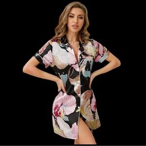 Flower Print Button Up Night Shirt Dress
